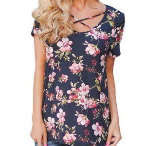 Navy Floral Crisscross Front Blouse